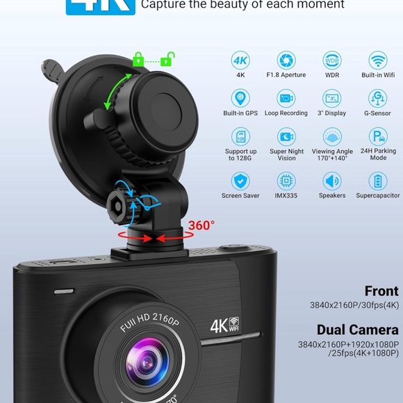 4K Dash Cam Front & Rear 1080P Dual Full HD Recorder W/Built-in Wi-Fi GPS New - Picture 3 of 8